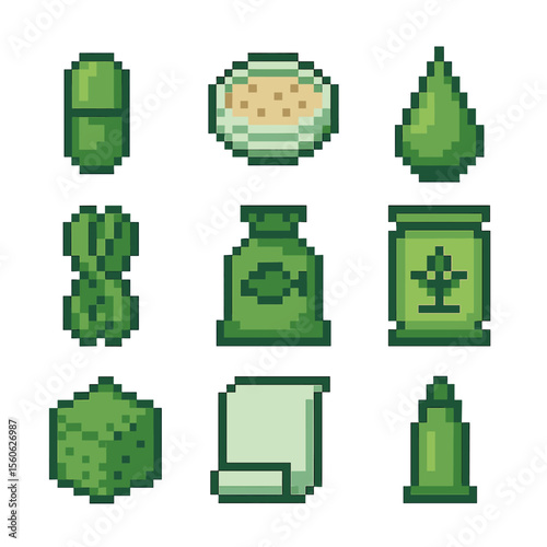 Seaweed Product Icons. Pixel art icon set of seaweed-based products: alginate capsule, agar plate, biofuel droplet, textile fiber,