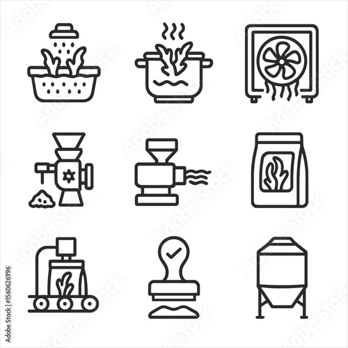 Seaweed Processing Icons. Outline icon set of seaweed processing steps: washing station, blanching pot, dehydrator unit, milling
