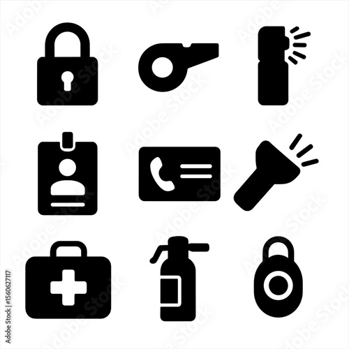 Security Icons Grid. Solid, filled icon set of security and safety items: lock, whistle, pepper spray, ID badge, emergency contact
