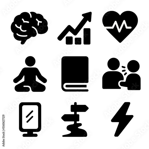 Self-Development Icon Set. Solid, filled icon set of self-development concepts: brain, growth arrow, heart with pulse, meditation