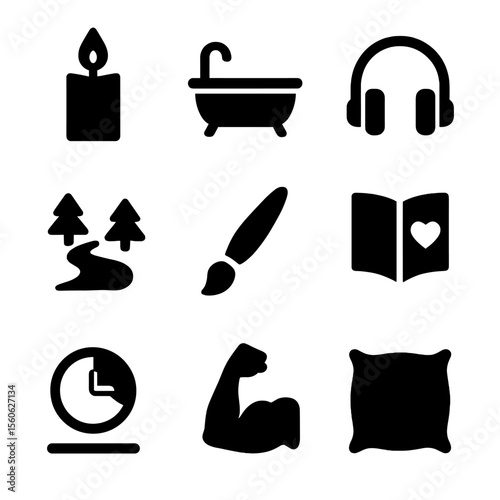 Self-Care Icons Set. Solid, filled icon set of self-care and resilience: candle, bath icon, headphones, nature trail, paintbrush,