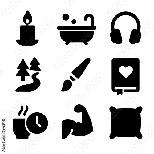 Self-Care Icons Set. Solid, filled icon set of self-care and resilience: candle, bath icon, headphones, nature trail, paintbrush,