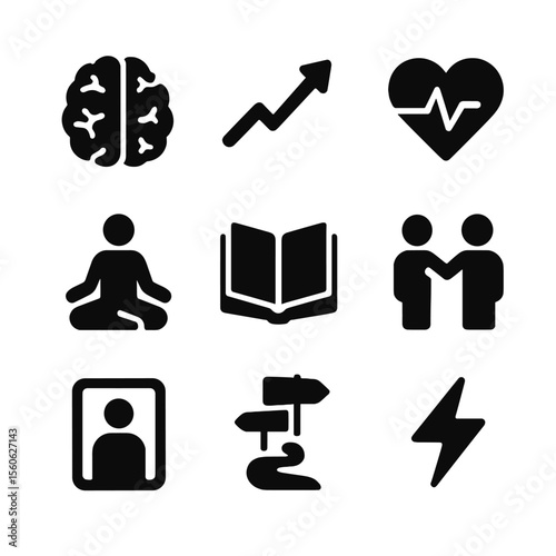Self-Development Icon Set. Solid, filled icon set of self-development concepts: brain, growth arrow, heart with pulse, meditation