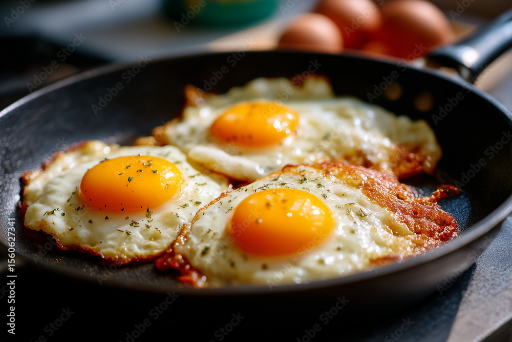Cooking delicious fried eggs in a skillet with fresh herbs on a sunny kitchen countertop Cooking delicious fried eggs in a skillet with fresh herbs on a sunny kitchen countertop