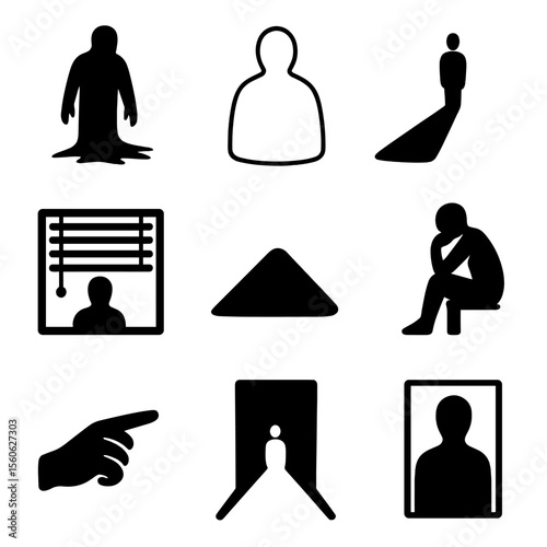 Shadow Icons Collection. Outline icon set of shadow figures: looming silhouette, faceless shape, elongated shadow, window blinds,