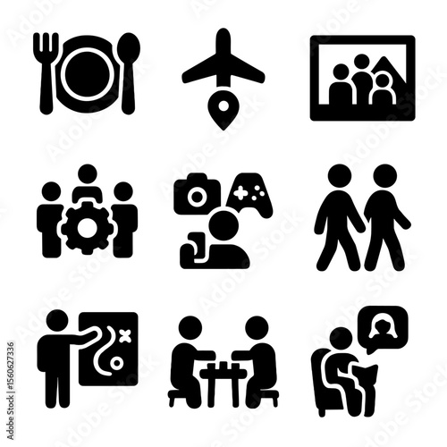 Shared Experiences Icons. Solid, filled icon set of shared experiences: shared meal, travel icon, family photo, teamwork gear,