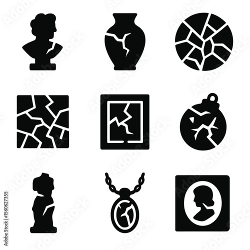 Shattered Art Icons. Solid, filled icon set of shattered art and design: broken sculpture, cracked pottery, shattered stained