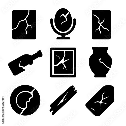 Shattered Object Icons. Solid, filled icon set of shattered objects: shattered glass, broken mirror, cracked screen, smashed
