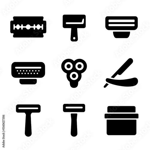 Shaving Blades Icons. Solid, filled icon set of shaving blade types: double-edge blade, single-edge blade, cartridge blade, foil