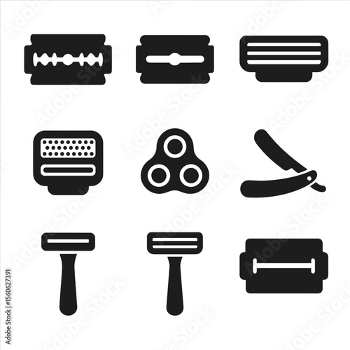 Shaving Blades Icons. Solid, filled icon set of shaving blade types: double-edge blade, single-edge blade, cartridge blade, foil