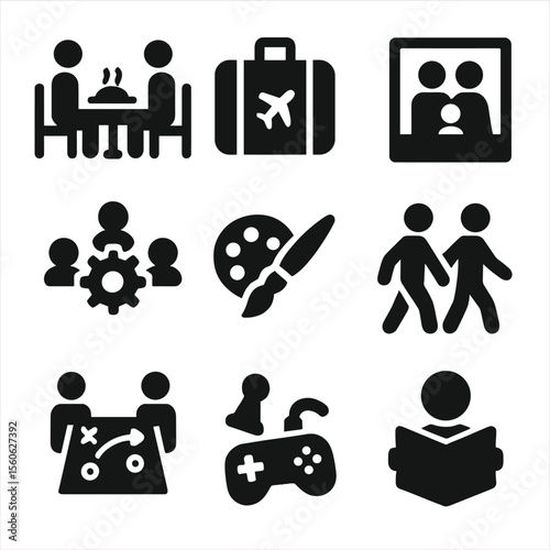 Shared Experiences Icons. Solid, filled icon set of shared experiences: shared meal, travel icon, family photo, teamwork gear,