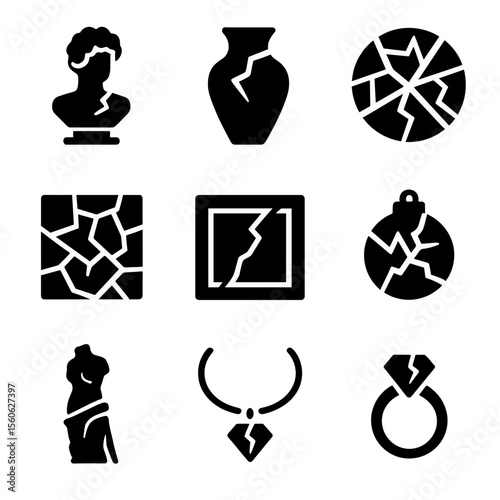 Shattered Art Icons. Solid, filled icon set of shattered art and design: broken sculpture, cracked pottery, shattered stained