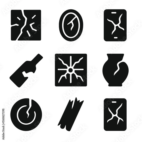 Shattered Object Icons. Solid, filled icon set of shattered objects: shattered glass, broken mirror, cracked screen, smashed
