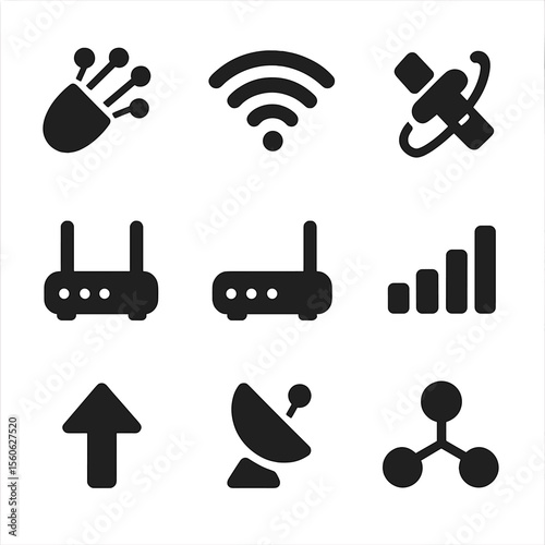 Signal Transmission Icons. Solid, filled icon set of signal transmission channels: fiber cable, radio wave, satellite orbit,