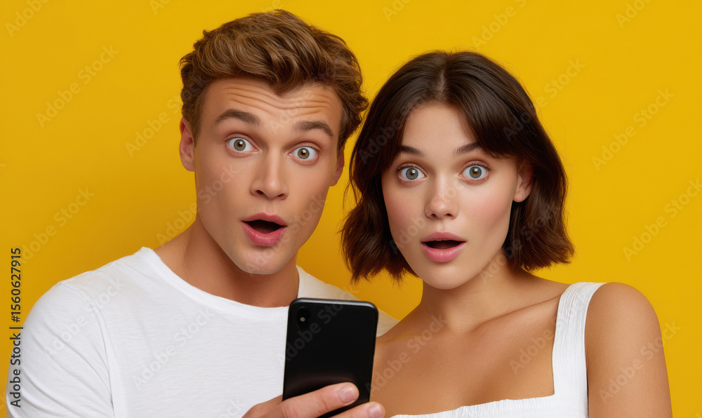 young couple holding smartphone standing with shocking expression young couple holding smartphone standing with shocking expression