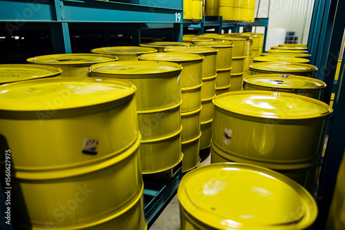 Waste facility depot storing yellow chemical drums indoors Generative AI