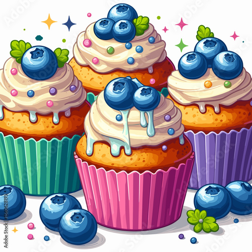 Delicious blueberry cupcakes with creamy frosting and vibrant decorations in a fun layout
