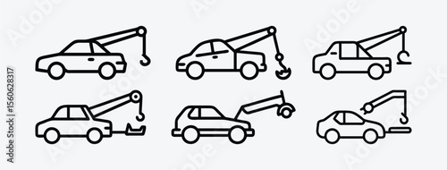 Various tow truck icons isolated on white background