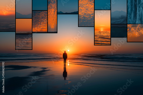 Figure silhouetted against a vibrant sunset over the ocean, mosaic of horizon views above. Serene beach scene. Golden light reflecting on water.