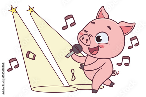 Vector cute Pig cartoon character, holding a microphone, singing passionately, stage lights glow, musical notes, isolated on white background