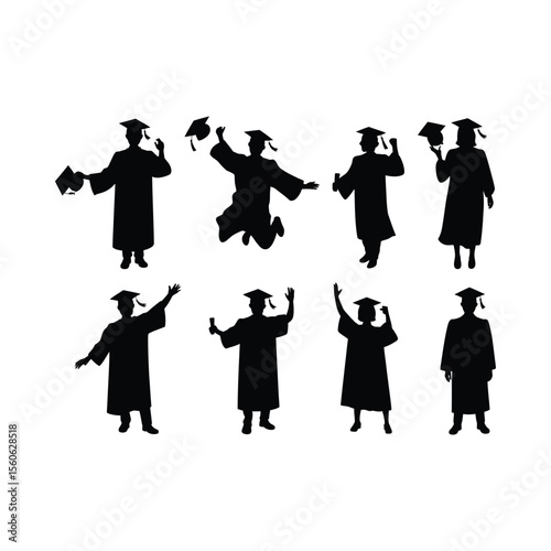 Silhouette collection of celebrating graduates wearing caps and gowns ready for the future