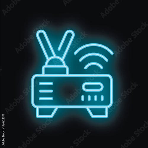 Blue neon icon of a wireless router emitting a wifi signal on a black background