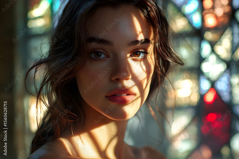 Obraz premium Soft sunlight filters through stained glass, casting a warm and gentle glow on a woman's face