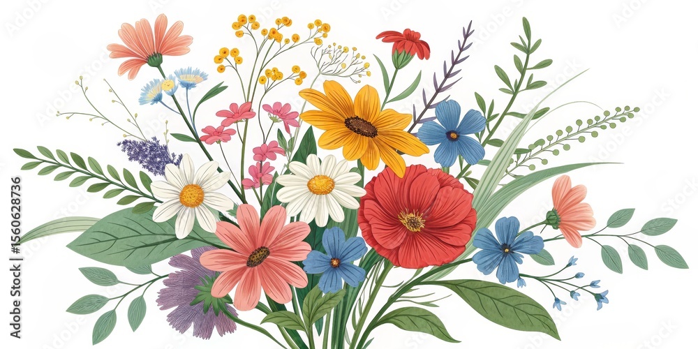 Obraz premium Vibrant Wildflower Bouquet Digital Illustration, Floral Composition, Botanical Art, Summer Blooms Floral illustration, Botanical art