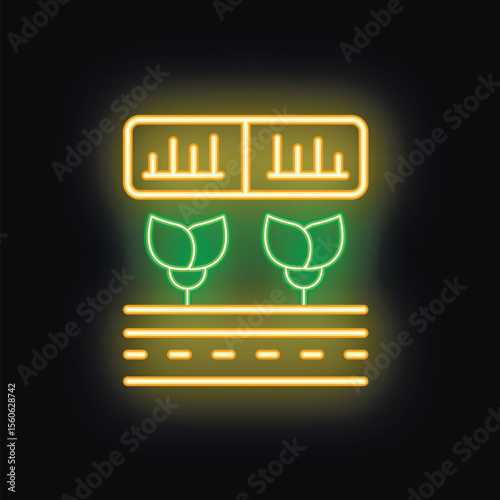 Neon icon of plants growing in indoor farm under artificial light source, modern agriculture concept