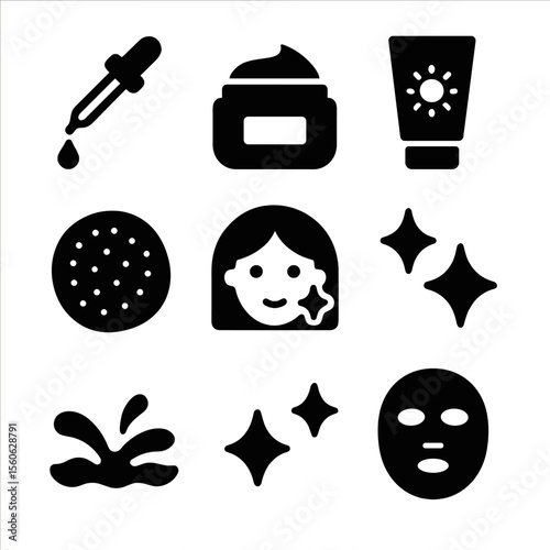 Skincare Icon Set. Solid, filled icon set of skincare and glow: serum dropper, moisturizer jar, sunscreen tube, cleansing foam,