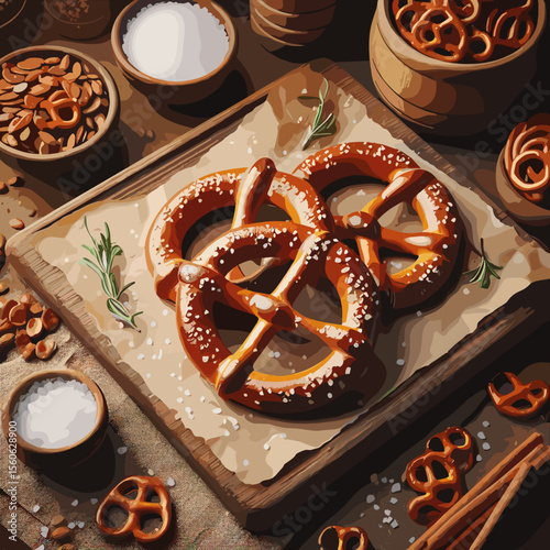 Delicious soft pretzels topped with salt and herbs on a rustic wooden board