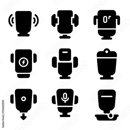 Smart Cup Holder Icons. Solid, Filled icon set of smart cup holders: sensor grip arms, automatic retractable clamps, temperature