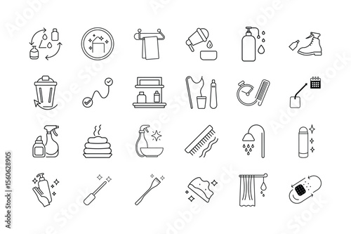 Hygiene and Cleanliness Line Icon Set – Personal Care Bath Routine Disinfection Cleaning Supplies and Sanitary Products