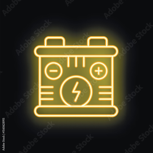 Yellow neon icon of accumulator battery glowing in dark, concept of electric energy storage