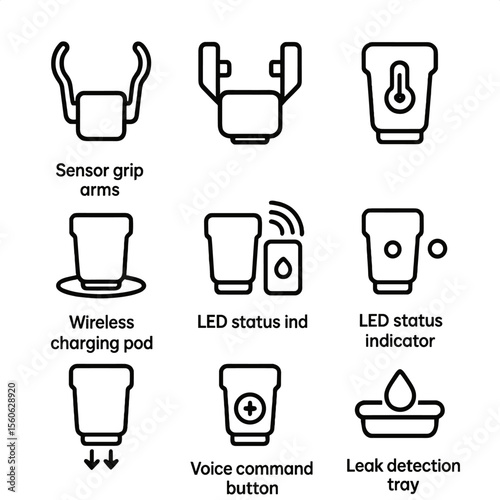 Smart Cup Holder Icons. Outline icon set of smart cup holders: sensor grip arms, automatic retractable clamps, temperature display