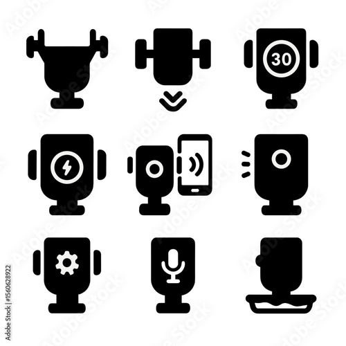 Smart Cup Holder Icons. Solid, Filled icon set of smart cup holders: sensor grip arms, automatic retractable clamps, temperature