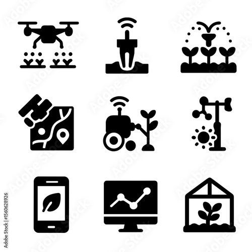 Smart Farming Icons. Solid, filled icon set of smart farming technology: drone sprayer, soil sensor, automated irrigation,