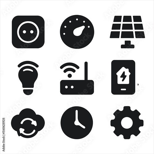 Smart Home Icons. Solid, filled icon set of smart home energy control: smart plug, thermostat dial, solar panel, connected light