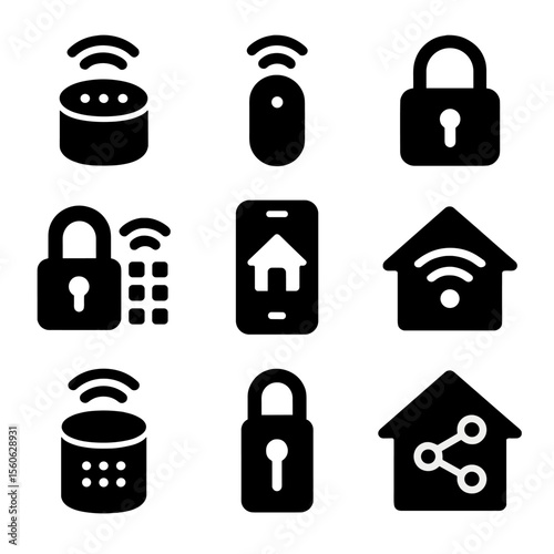 Smart Home Icons Grid. Solid, filled icon set of smart home devices: smart speaker, smart sensor, smart lock, smartphone control,