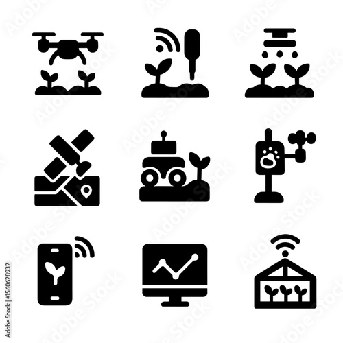 Smart Farming Icons. Solid, filled icon set of smart farming technology: drone sprayer, soil sensor, automated irrigation,