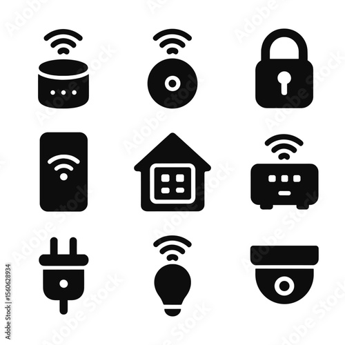 Smart Home Icons Grid. Solid, filled icon set of smart home devices: smart speaker, smart sensor, smart lock, smartphone control,