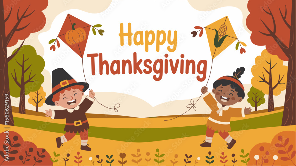Fototapeta premium Pilgrim and Native American kids flying kites with harvest décor in vector Thanksgiving background