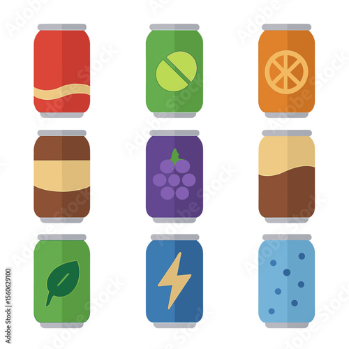 Soda Can Icons. Flat icon set of flavored soda varieties: cola can, lemon-lime can, orange soda can, root beer can, grape soda can