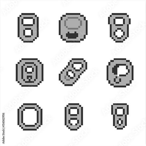 Soda Can Mechanics Icons. Pixel art icon set of soda can opening mechanics: pop tab, scored lid, ring pull, fulcrum point, hinge