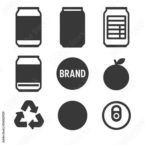 Soda Can Icon Set. Flat icon set of soda can designs: label wrap, aluminum body, nutrition panel, barcode, brand logo, flavor icon