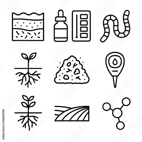 Soil Health Icons. Outline icon set of soil health management: soil profile, pH test kit, earthworm, mycorrhizal network, organic