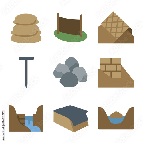 Soil Erosion Control Icons. Flat icon set of soil erosion control: sandbag, silt fence, erosion blanket, erosion pin, riprap stone