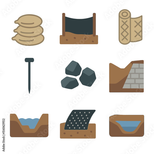 Soil Erosion Control Icons. Flat icon set of soil erosion control: sandbag, silt fence, erosion blanket, erosion pin, riprap stone