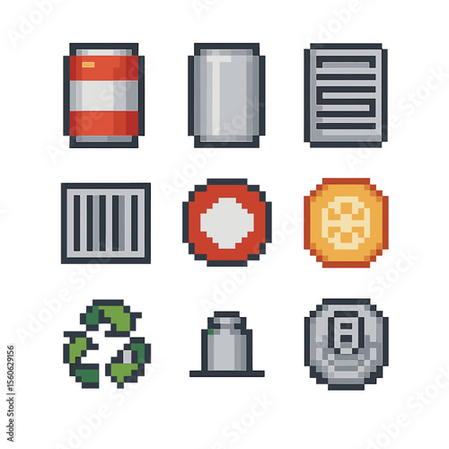 Soda Can Icons. Pixel art icon set of soda can designs: label wrap, aluminum body, nutrition panel, barcode, brand logo, flavor
