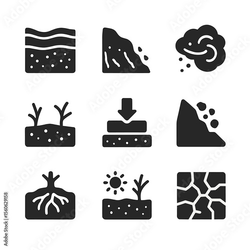 Soil Erosion Icons. Solid, filled icon set of soil erosion and degradation: soil layers, eroded hill, dust storm, barren patch,